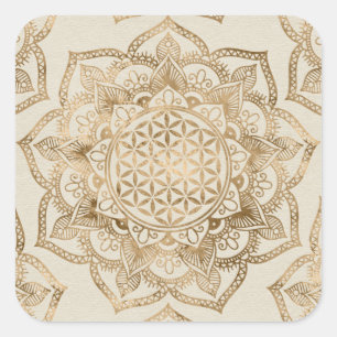 Blume des Lebens im Lotos - Pastellgolde und Quadratischer Aufkleber