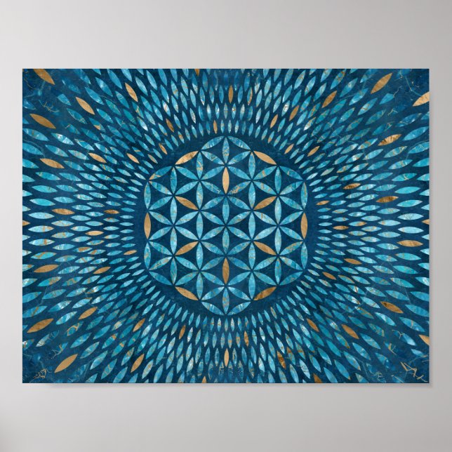 Blume des Lebens in Blütenblättern - Blauer Marmor Poster (Vorne)