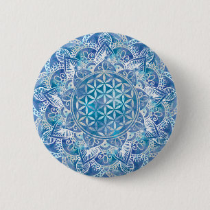 Blume des Lebens in Lotus - Aquarellblau Button