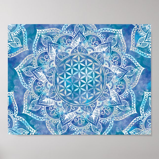 Blume des Lebens in Lotus - Aquarellblau Poster (Vorne)