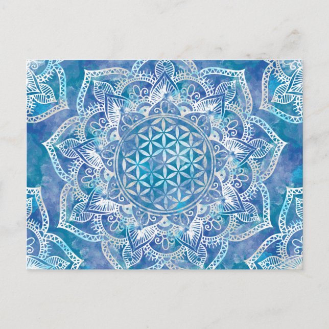 Blume des Lebens in Lotus - Aquarellblau Postkarte (Vorderseite)
