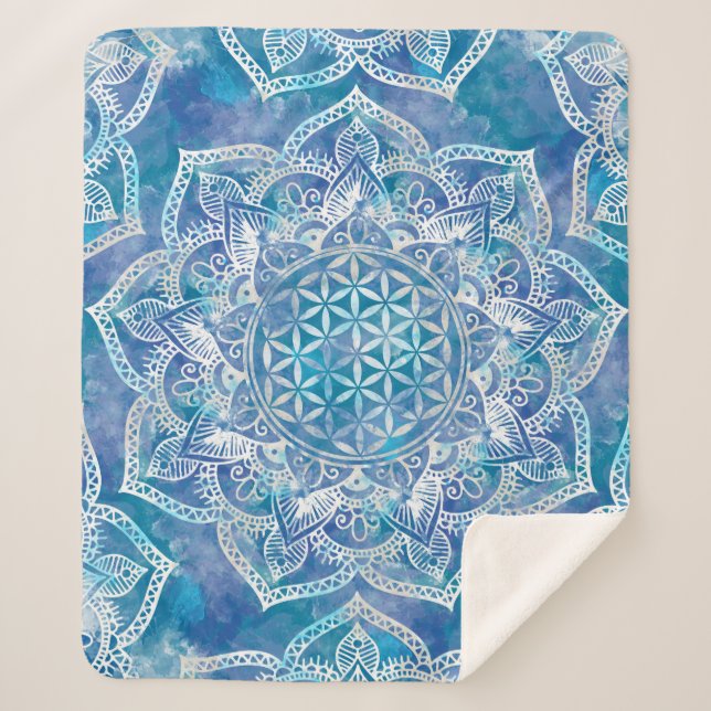 Blume des Lebens in Lotus - Aquarellblau Sherpadecke (Vorderseite)