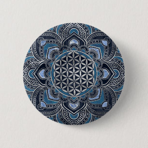 Blume des Lebens in Lotus - Blauer Kristall und Si Button