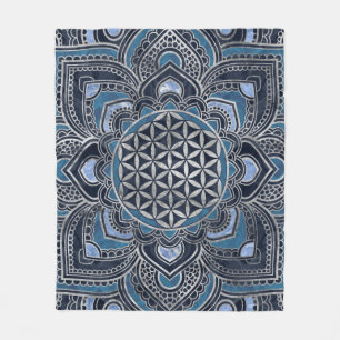 Blume des Lebens in Lotus - Blauer Kristall und Si Fleecedecke