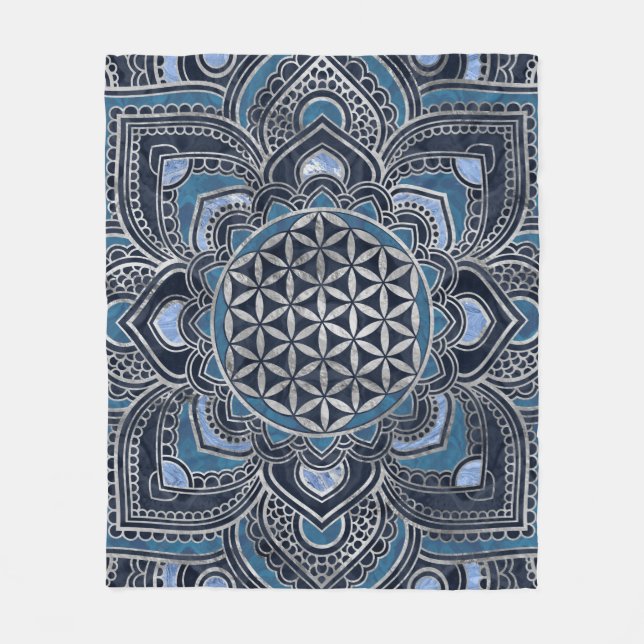 Blume des Lebens in Lotus - Blauer Kristall und Si Fleecedecke (Vorderseite)