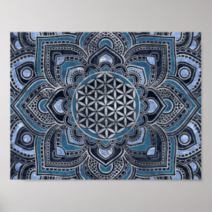 Blume des Lebens in Lotus - Blauer Kristall und Si Poster