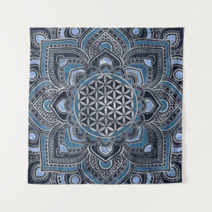 Blume des Lebens in Lotus - Blauer Kristall und Si Wandteppich