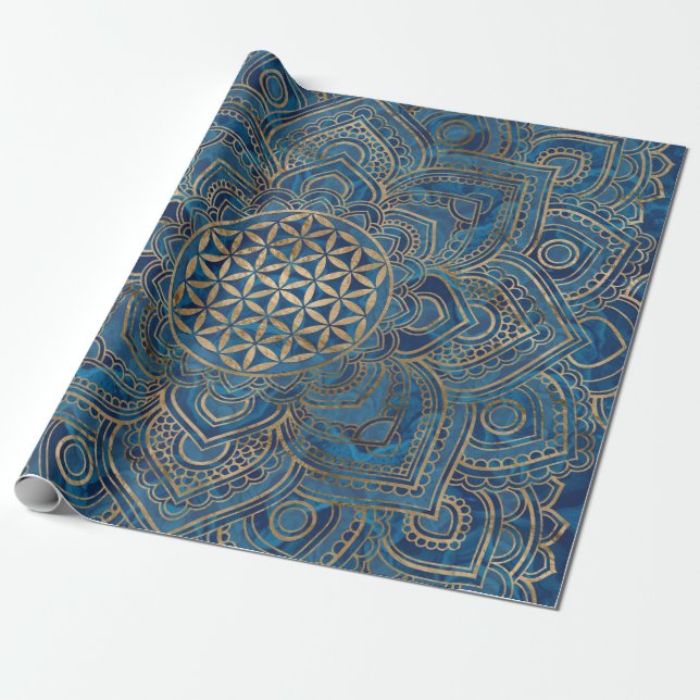 Blume des Lebens in Lotus - Blauer Marmor und Gold Geschenkpapier (Ungerollt)