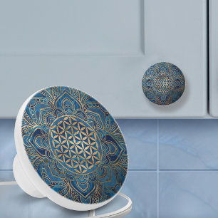 Blume des Lebens in Lotus - Blauer Marmor und Gold Keramikknauf