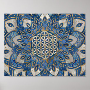 Blume des Lebens in Lotus - Blauer Marmor und Perl Poster