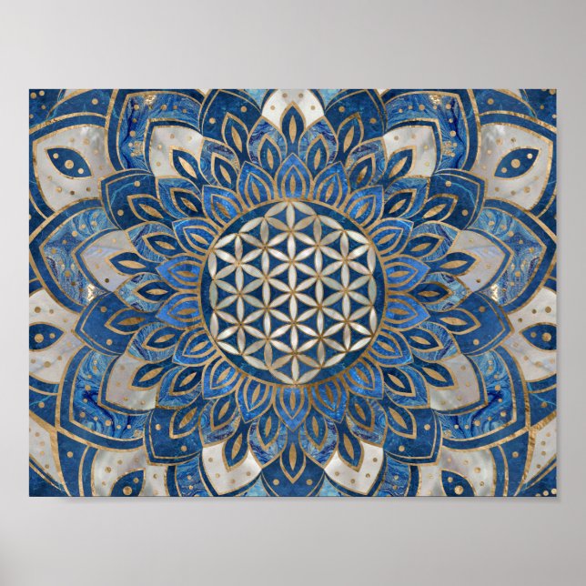 Blume des Lebens in Lotus - Blauer Marmor und Perl Poster (Vorne)