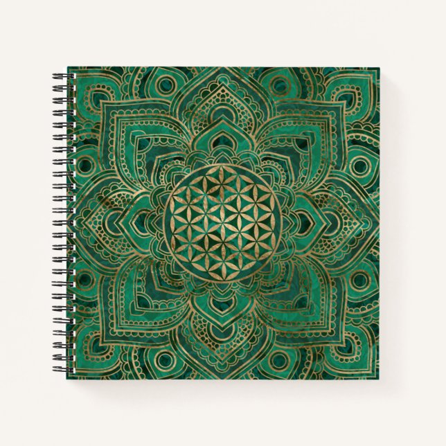 Blume des Lebens in Lotus - Malachit und Gold Notizbuch (Vorderseite)