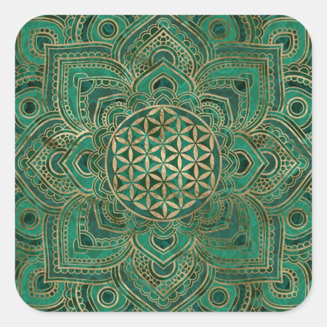 Blume des Lebens in Lotus - Malachit und Gold Quadratischer Aufkleber (Vorderseite)