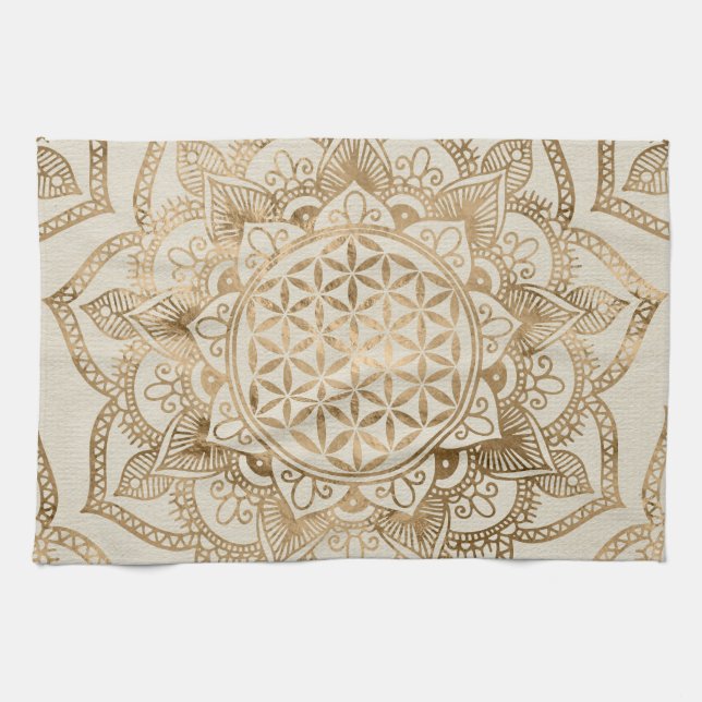 Blume des Lebens in Lotus - Pastellgolden und Lein Geschirrtuch (Horizontal)