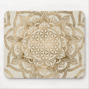 Blume des Lebens in Lotus - Pastellgolden und Lein Mousepad