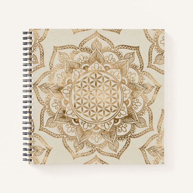 Blume des Lebens in Lotus - Pastellgolden und Lein Notizbuch (Vorderseite)