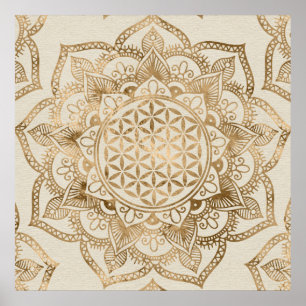 Blume des Lebens in Lotus - Pastellgolden und Lein Poster