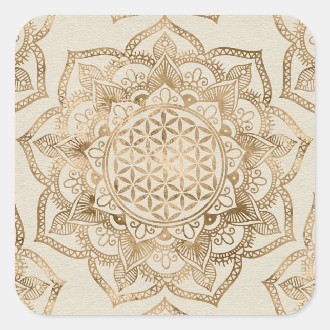 Blume des Lebens in Lotus - Pastellgolden und Lein Quadratischer Aufkleber (Vorderseite)