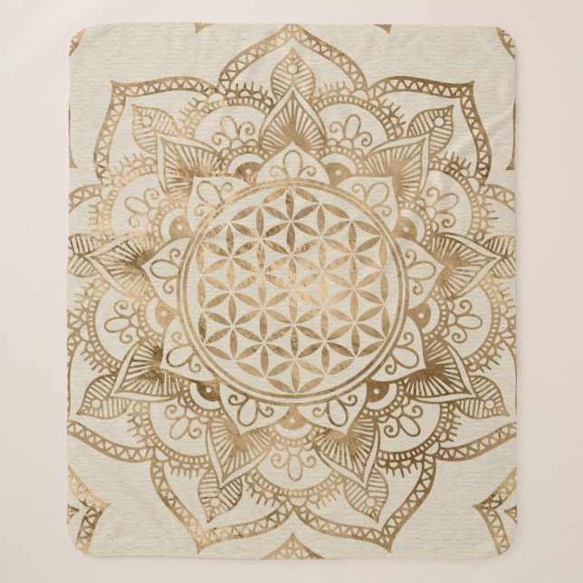 Blume des Lebens in Lotus - Pastellgolden und Lein Sherpadecke (Vorderseite)
