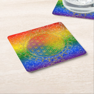 Blume des Lebens / Lebensgefühl - GOLD Regenbogen Rechteckiger Pappuntersetzer