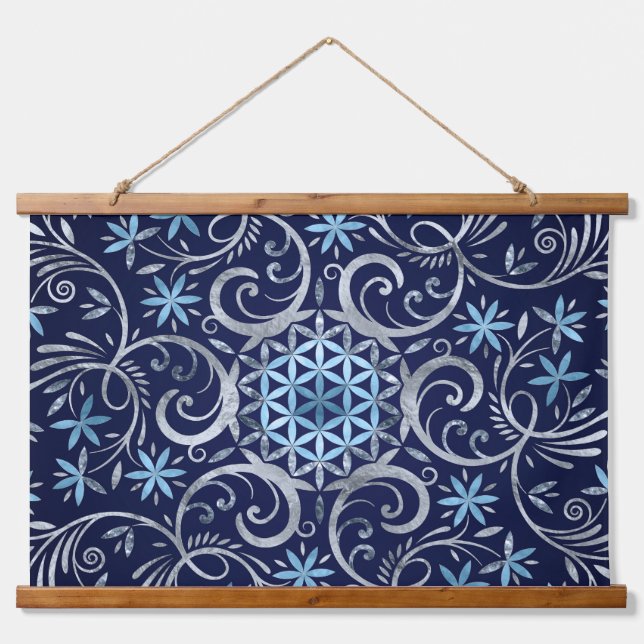 Blume des Lebens Mandala - Silberblau Wandteppich Mit Holzrahmen (Vorne)