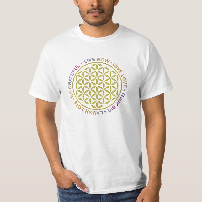 Blume des Lebens mit Regeln des Lebens T-Shirt (Vorderseite)