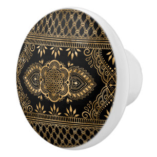 Blume des Lebens - Schwarz-Gold-Ornament Keramikknauf