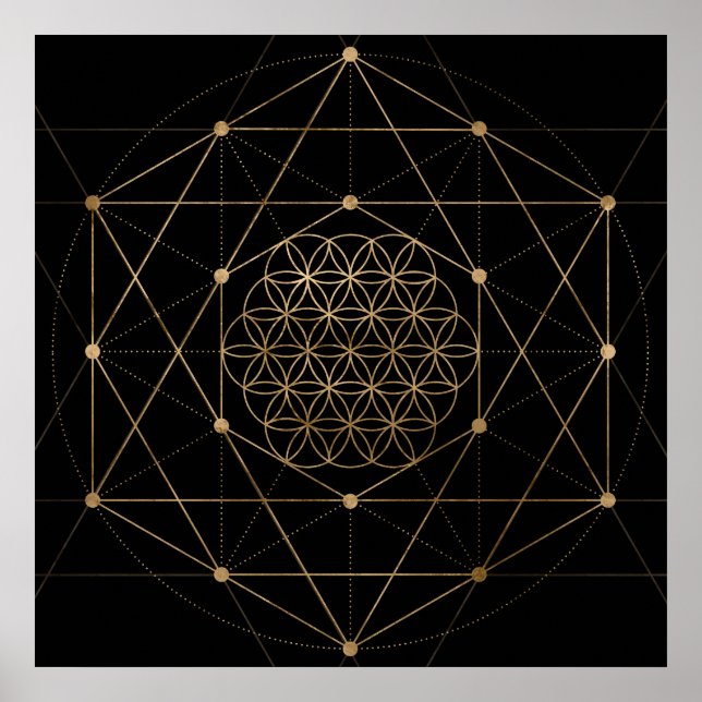 Blume des Lebens - Schwarz und Gold Poster (Vorne)