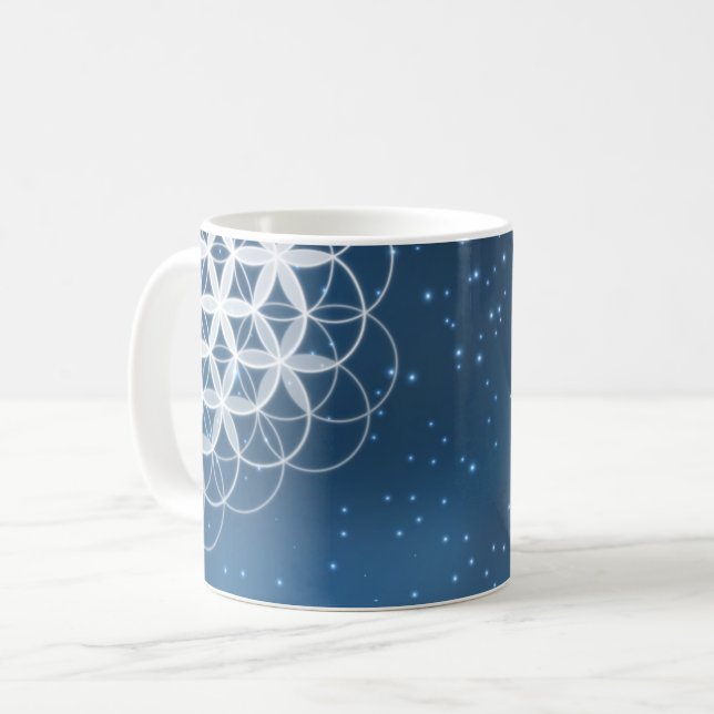 Blume des Lebens Universum blauer Funkelstar Kaffeetasse (Vorderseite Links)
