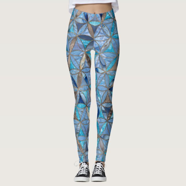 Blume des Lebensmusters - Blauer Edelstein und Gol Leggings (Vorderseite)