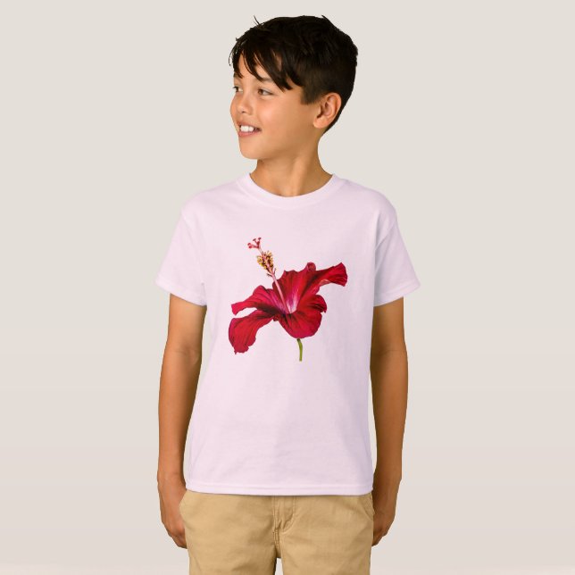 Blume des roten Hibiskus Seitenansicht des Kids T-Shirt (Vorne ganz)