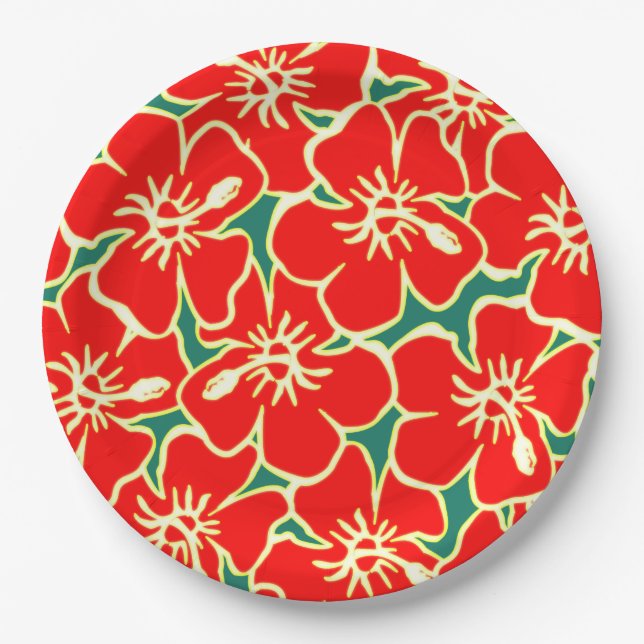 Blume des Roten Hibiskus Tropical Hawaiian Luau Pappteller (Vorderseite)