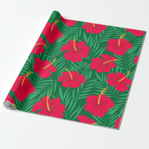 Blume des Roten Hibiskus über tropische Blätter Geschenkpapier