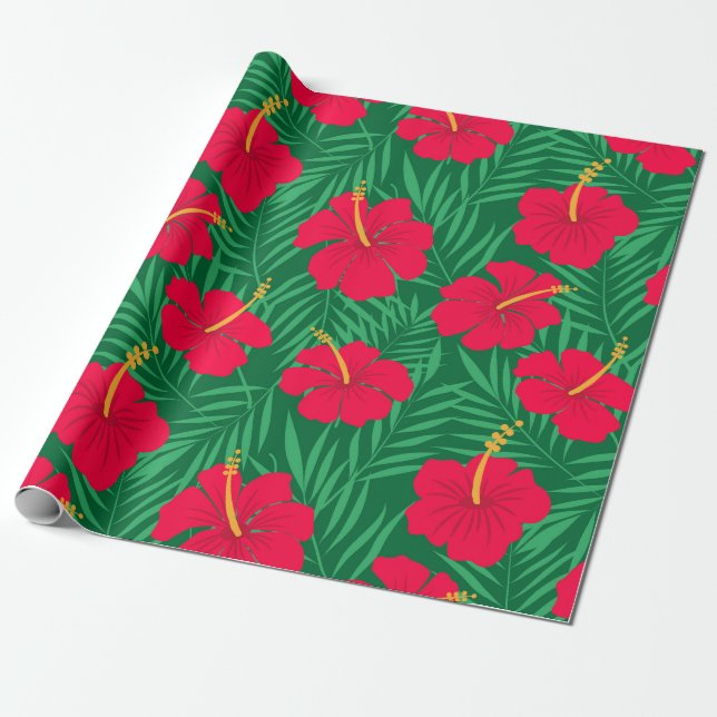 Blume des Roten Hibiskus über tropische Blätter Geschenkpapier (Ungerollt)