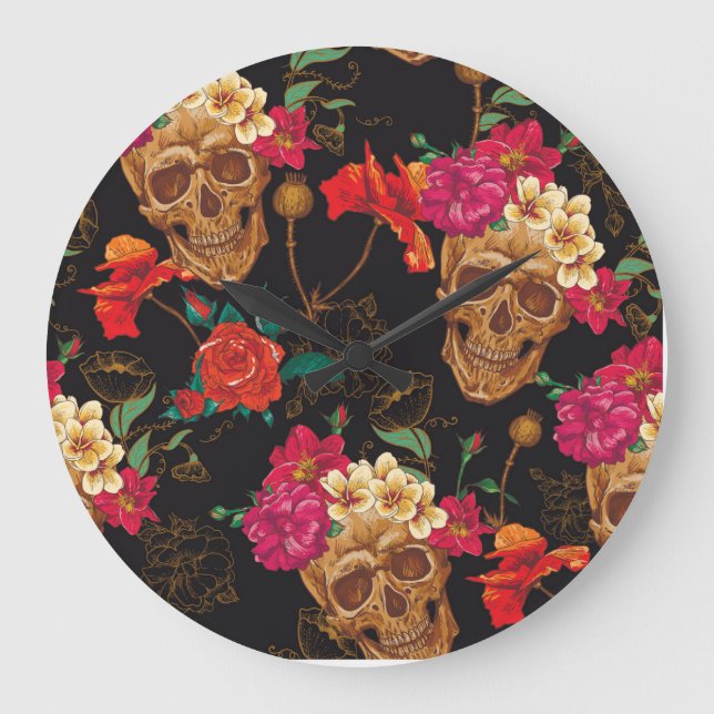 Blume des Schädels: Nahtloser dunkler Hintergrund. Große Wanduhr (Vorderseite)