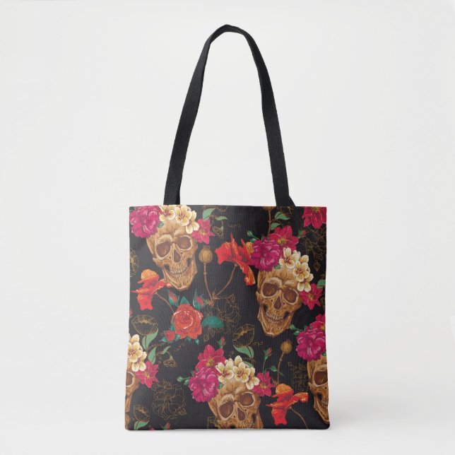 Blume des Schädels: Nahtloser dunkler Hintergrund. Tasche (Vorderseite)