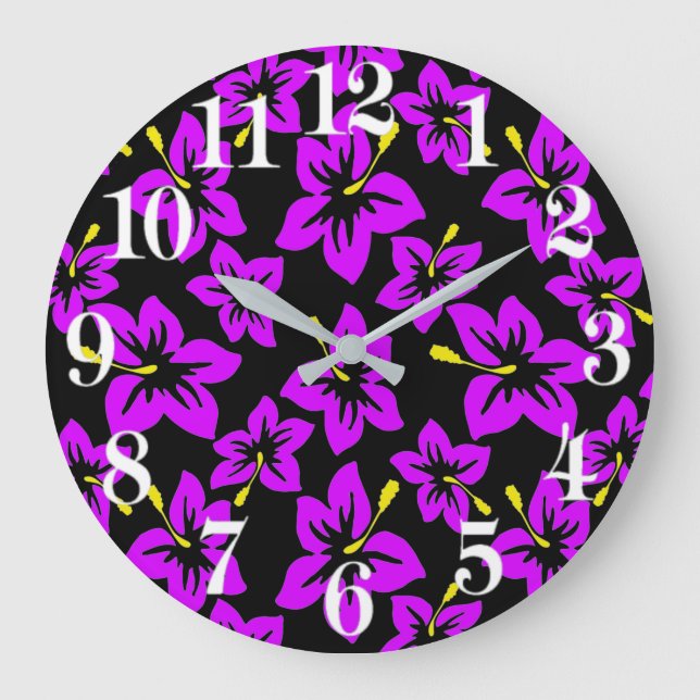Blume des tropischen Lila hawaiianischen Hibiskus Große Wanduhr (Vorderseite)
