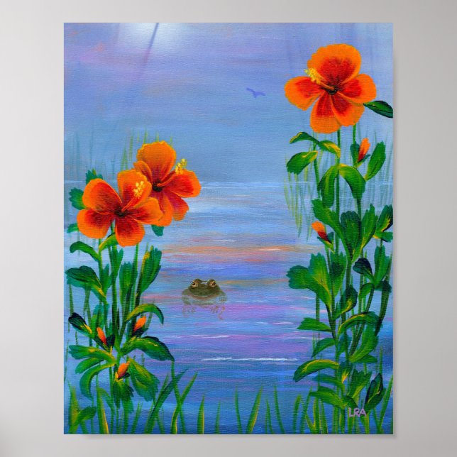 Blume des tropischen Orangen Hibiskus Frosch Kreat Poster (Vorne)