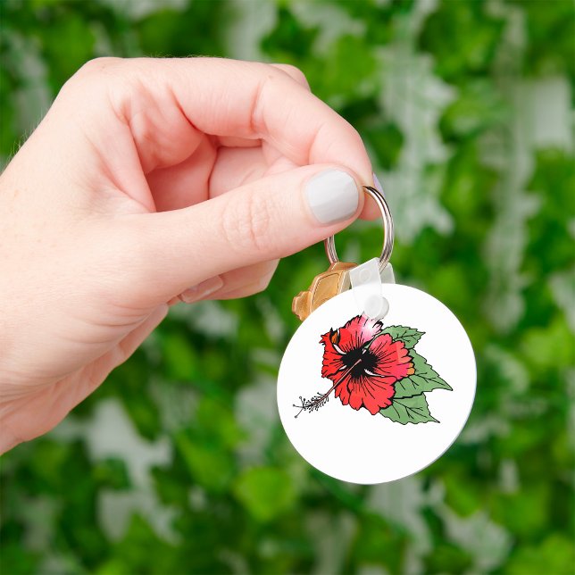 Blume des tropischen Roten Hibiskus mit grünen Blä Schlüsselanhänger (Von Creator hochgeladen)