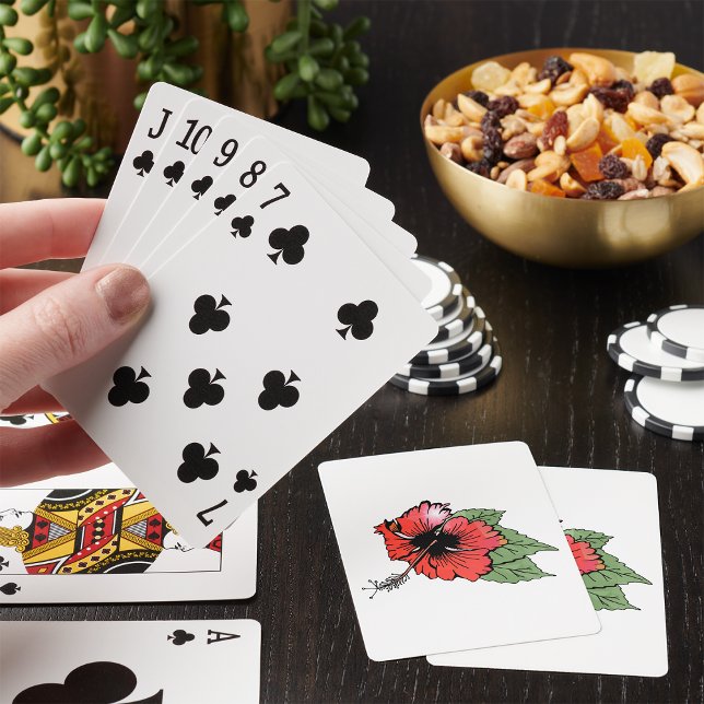 Blume des tropischen Roten Hibiskus mit grünen Blä Spielkarten (Von Creator hochgeladen)