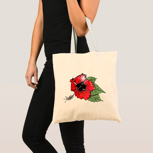 Blume des tropischen Roten Hibiskus mit grünen Blä Tragetasche (Von Creator hochgeladen)