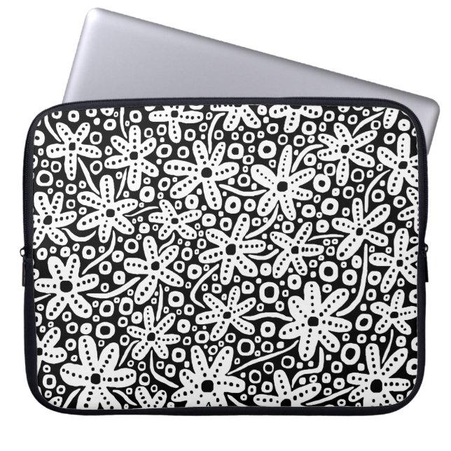Blume Design - Weiß auf Schwarz Laptopschutzhülle (Vorderseite)