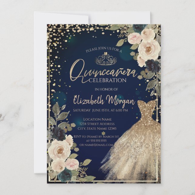 Blume, Diamanten, Dress Blue Quinceañera Einladung (Vorderseite)