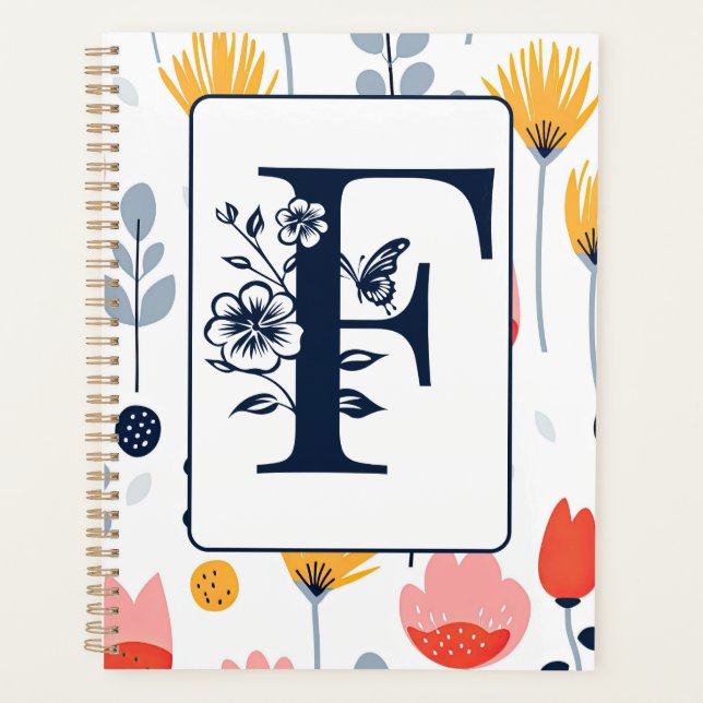 Blume Druck Monogramm Initialen Name minimalistisc Planer (Vorderseite)