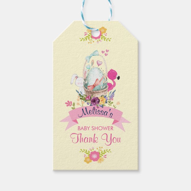 Blume, Ei, Bunny & Flamingo Kinderdusche Danke Geschenkanhänger (Vorderseite)