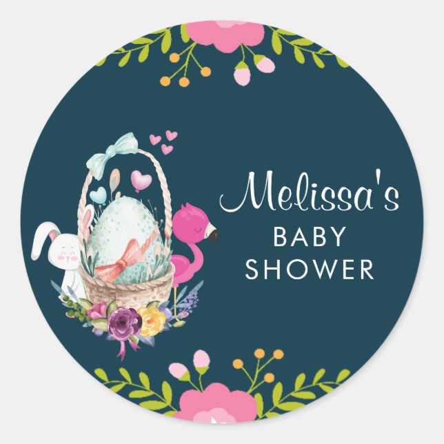 Blume, Ei, Flamingo Babydusche Runder Aufkleber (Vorderseite)