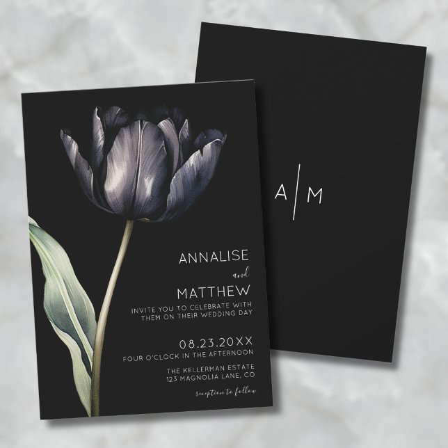 Blume Einfache Elegante Moderne Schwarze Hochzeit Einladung (Flower Simple Elegant Modern Black Wedding Invitation )
