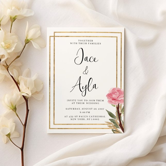 Blume Einladung (Geometric white gold pink mint flower Wedding )