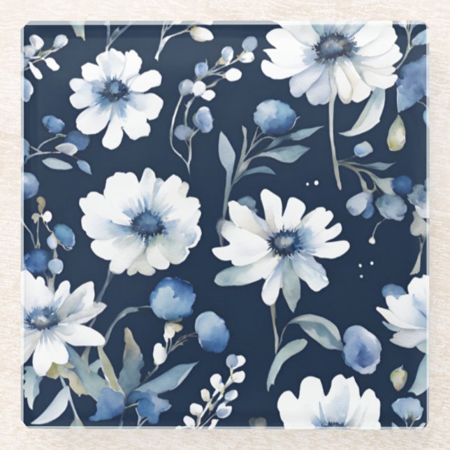Blume Elegant Wasserfarbe Blau Glasuntersetzer (Vorderseite)