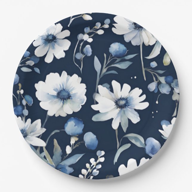 Blume Elegant Wasserfarbe Blau Pappteller (Vorderseite)